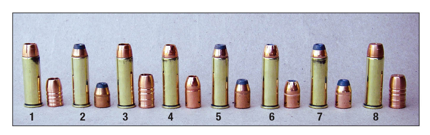 Bullets tested include the (1) Cutting Edge 135-grain Raptor HP, (2) Sierra 170 JHP, (3) Cutting Edge 180 Raptor HP, (4) Barnes 180 XPBFB, (5) Sierra 210 JHC, (6) Hornady 210 XTP, (7) Nosler 210 JHP and the (8) Cutting Edge 220-grain Solid.